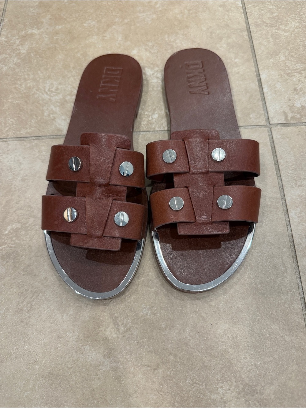 DKNY Brown Leather Slide Sandals with Silver Studs, Size 7.5